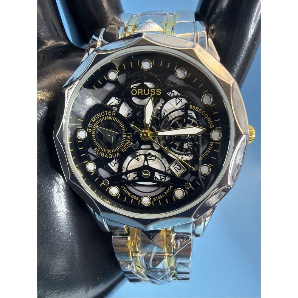 ORUSS Men's Quartz Date Watch 40mm Open Work New in Box